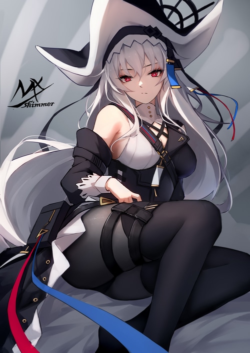Specter from Arknights with white hair and red eyes
