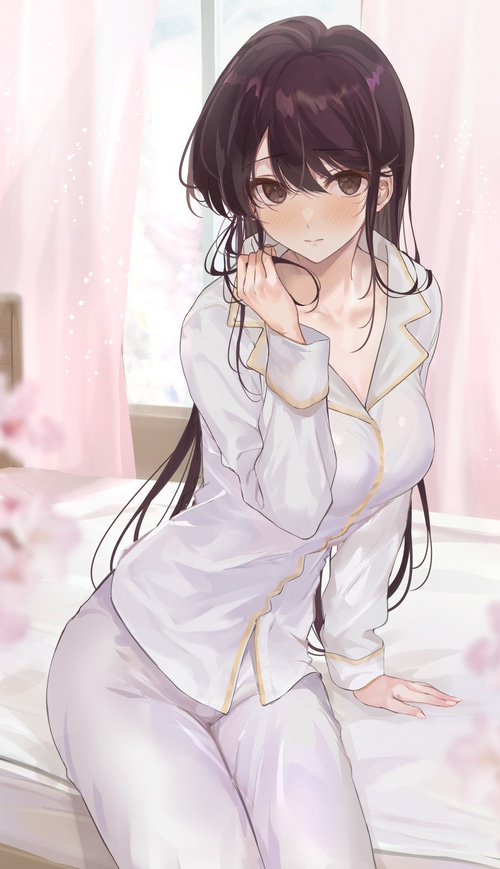 Komi Shouko in Pajamas Sitting on a Bed