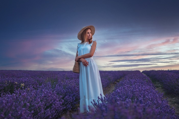 Woman in Blue Dress Among Lavender Fields