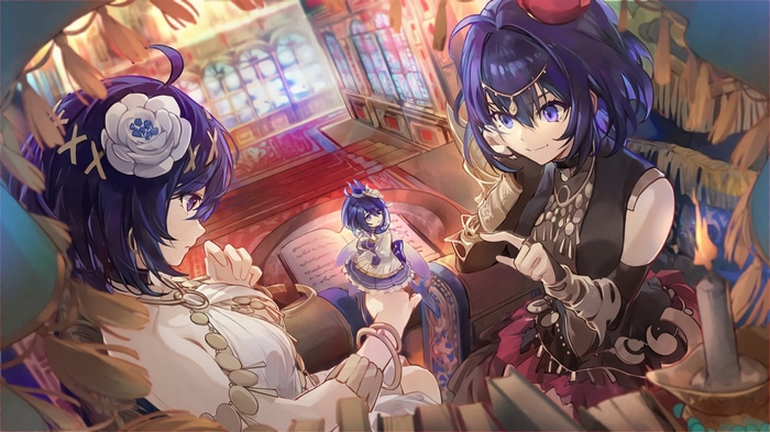 Anime artwork of two girls and a doll