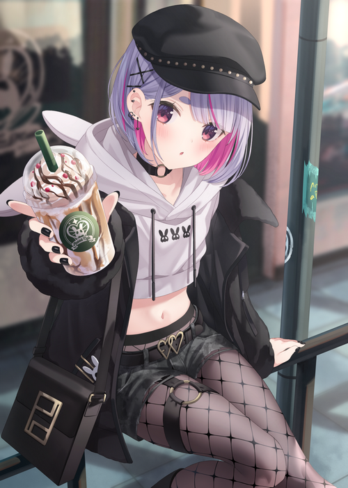 Girl with purple and pink hair holding a Starbucks drink