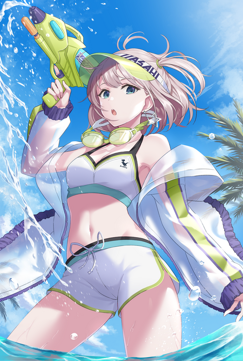 Girl with water gun at the beach