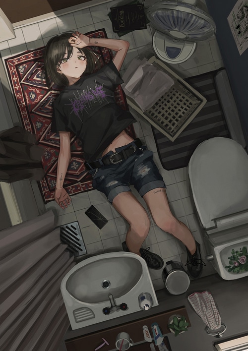 NadeGata girl lying on the floor in a bathroom