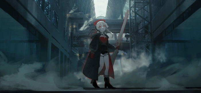 Girl with white hair and sword in industrial setting