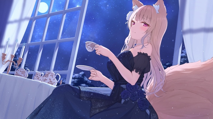 Fox girl in a black dress drinking tea at night
