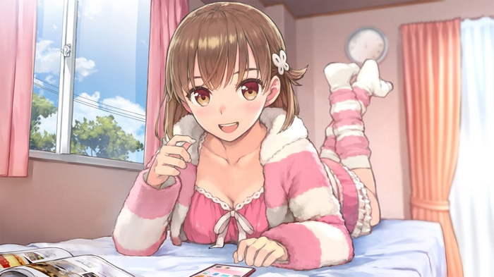 Anime girl in pink pajamas lying on a bed