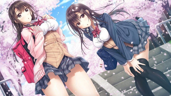 Two schoolgirls under cherry blossoms