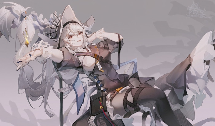 Anime girl with white hair in a dark outfit