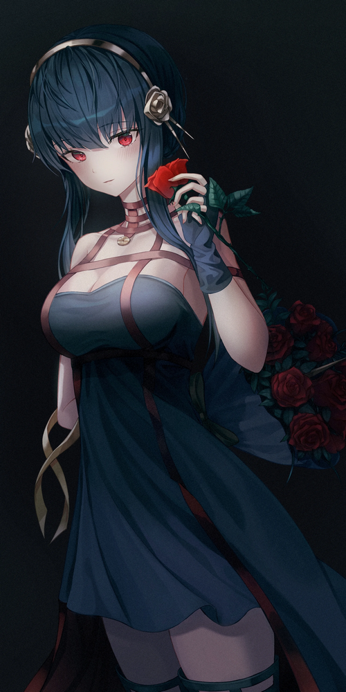 Yor Forger holding a red rose with a bouquet