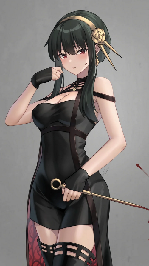 Yor Forger from Spy x Family holding a bloody weapon