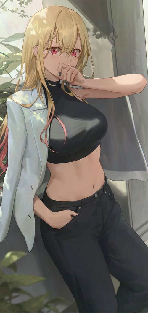 Kitagawa Marin in a Black Crop Top and Blazer