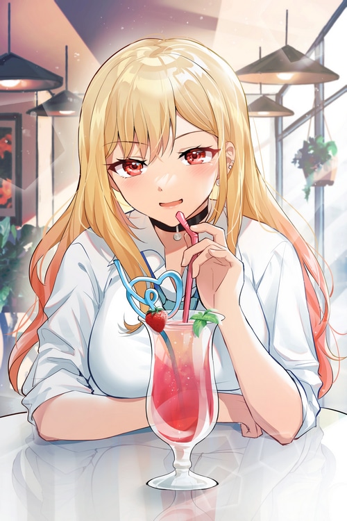 Kitagawa Marin drinking a strawberry cocktail