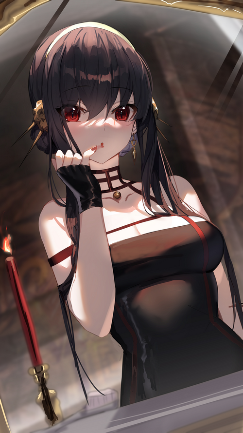 Yor Forger in a black dress with red accents