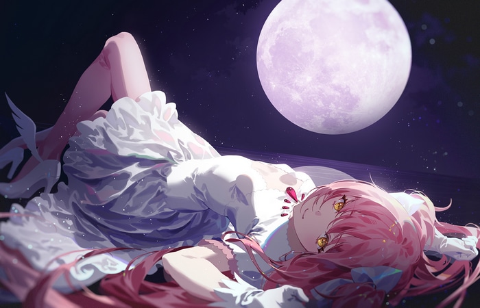 Kaname Madoka in a white dress under the moon
