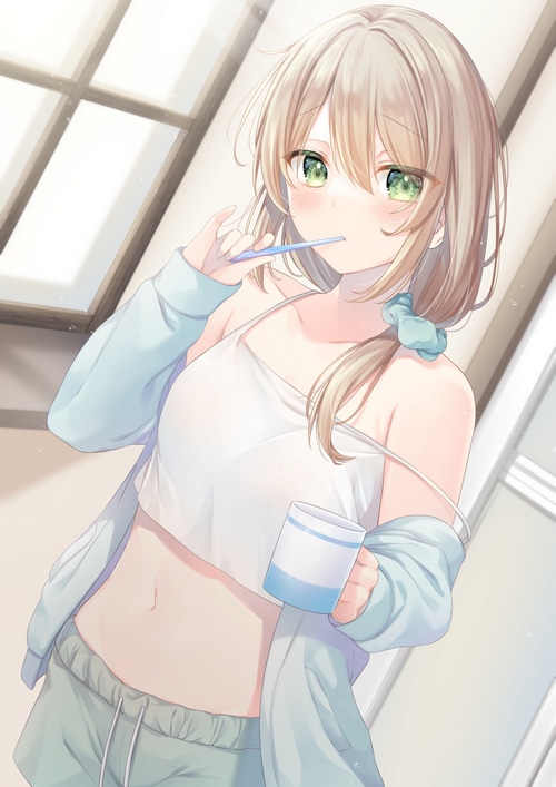 Anime girl brushing teeth in morning light