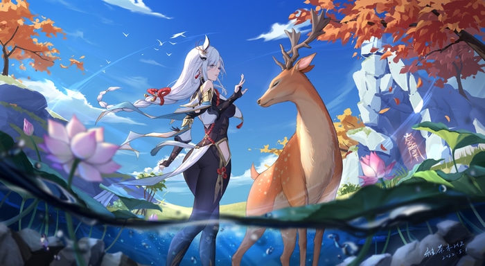 Shenhe and a deer by a pond with lotus flowers