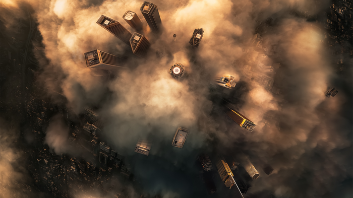 Aerial view of skyscrapers in Los Angeles through mist