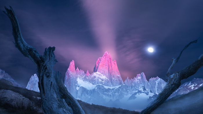 4K Patagonia Mountains at Night with Moon
