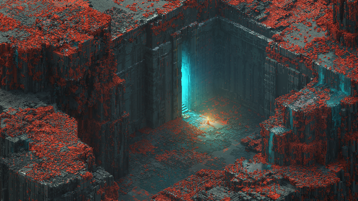 4K isometric voxel ruins with glowing entrance