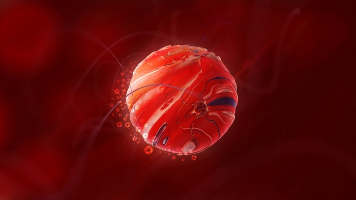 Abstract red planet with swirling lines and bubbles