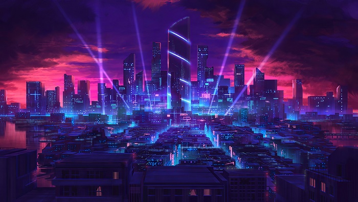Sci-Fi Cityscape with Neon Lights and Skyscrapers