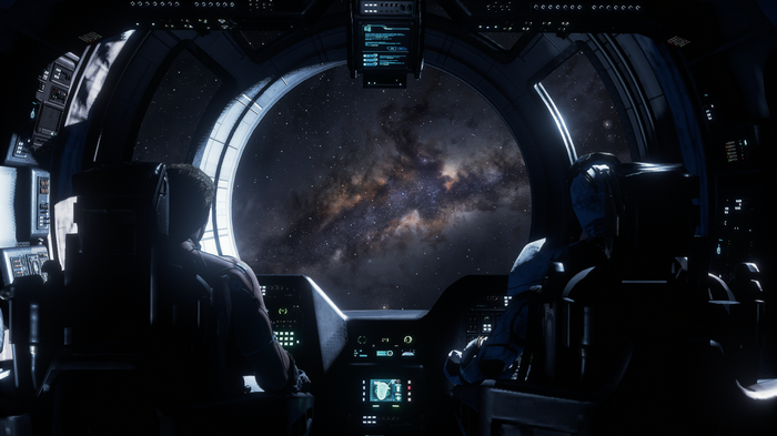 Marvel Avengers in a spaceship cockpit overlooking space