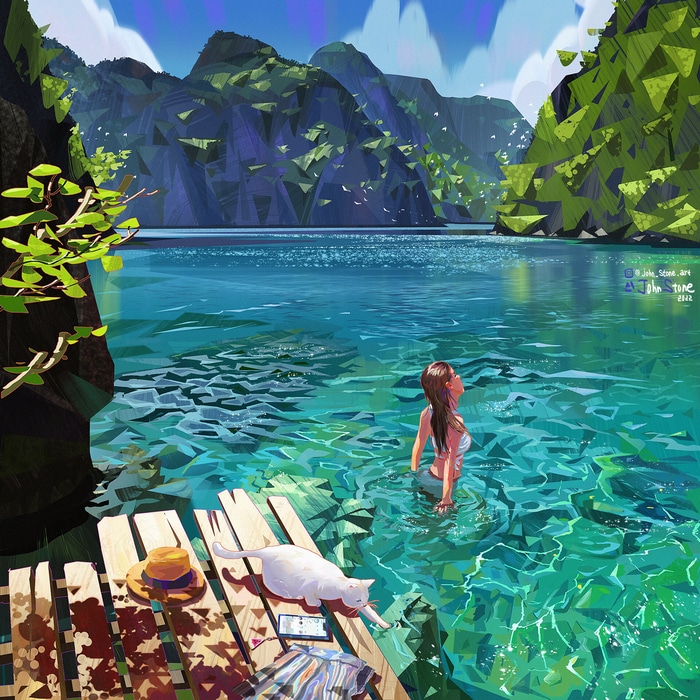 John Stone's painting of a woman and cat by the water