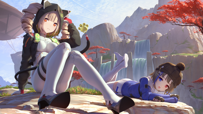 Two anime girls with cat ears and a woolly hat by a waterfall