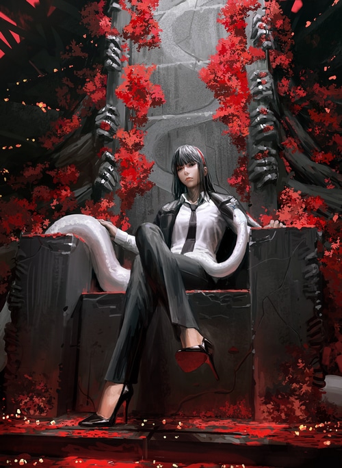 Woman in suit on throne with snake and red flowers