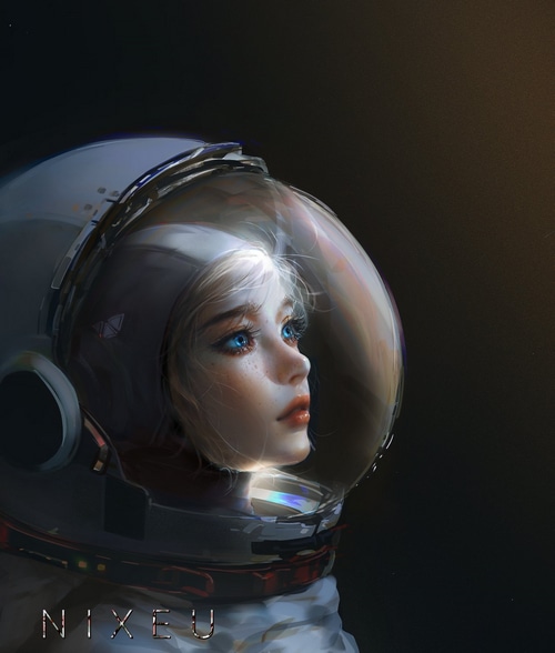 Astronaut girl with blonde hair and blue eyes in a spacesuit