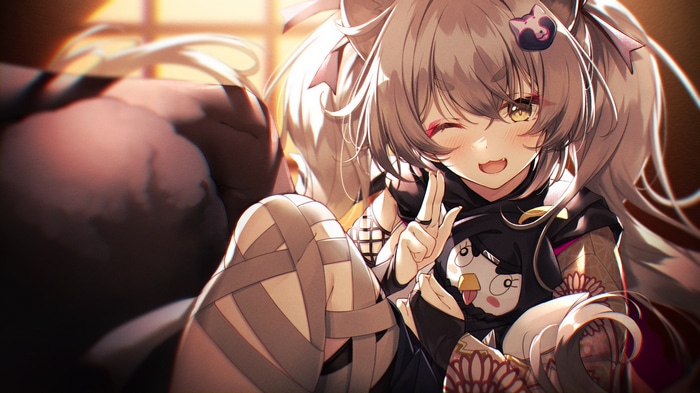 Anime girl with cat ears and pigtails winks