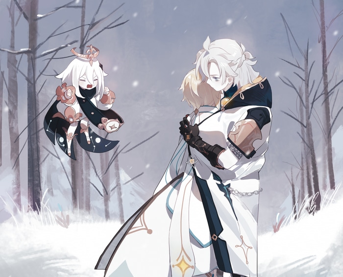 Paimon, Albedo, and Lumine in a snowy forest