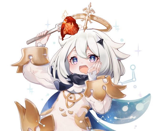Paimon holding food on a fork from Genshin Impact