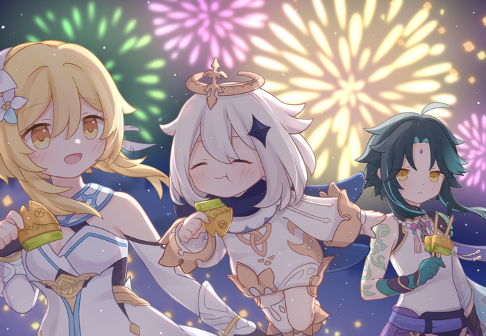 Genshin Impact: Lumine, Paimon, and Xiao enjoy fireworks