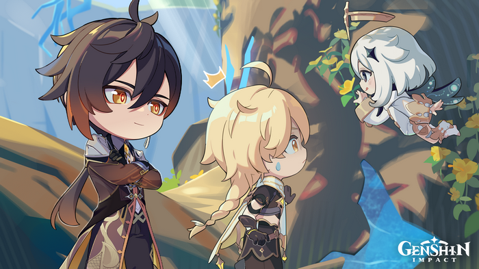 Genshin Impact: Zhongli, Aether, and Paimon in a forest