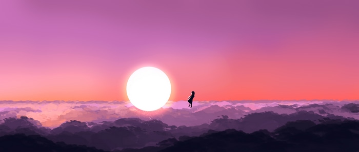 4K digital painting of a girl floating above clouds at sunset
