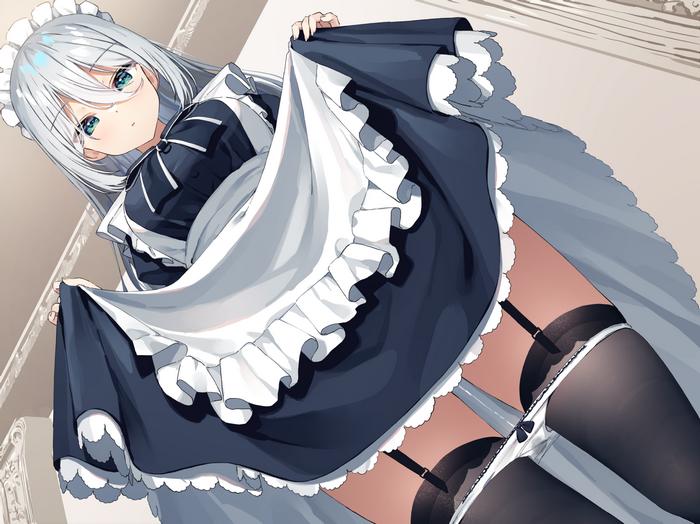 Maid lifting her skirt, showing stockings and panties