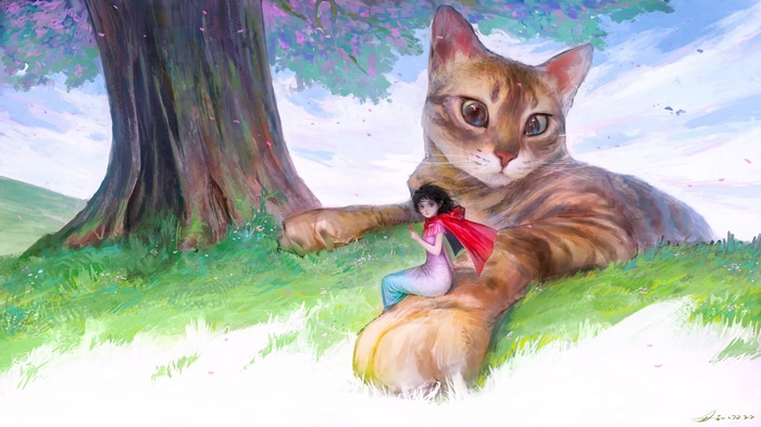 Giant cat with a girl under a tree