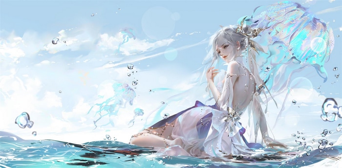 Artwork of a woman with white hair and jellyfish