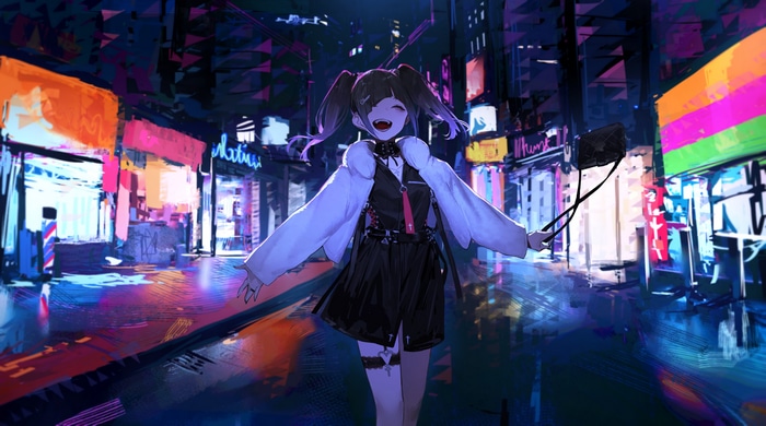 Anime girl with pigtails in a dark city street
