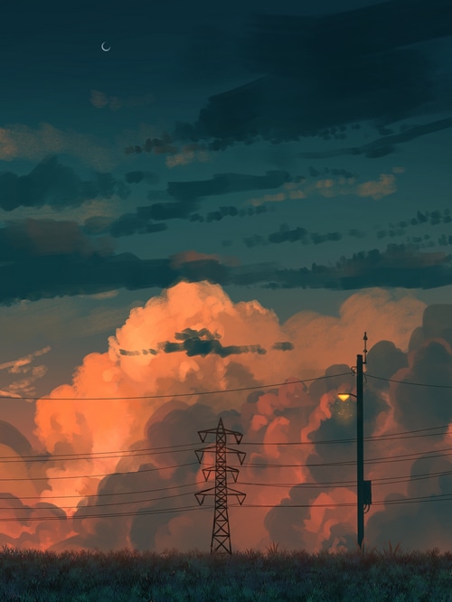 Evening sky with orange clouds and power lines