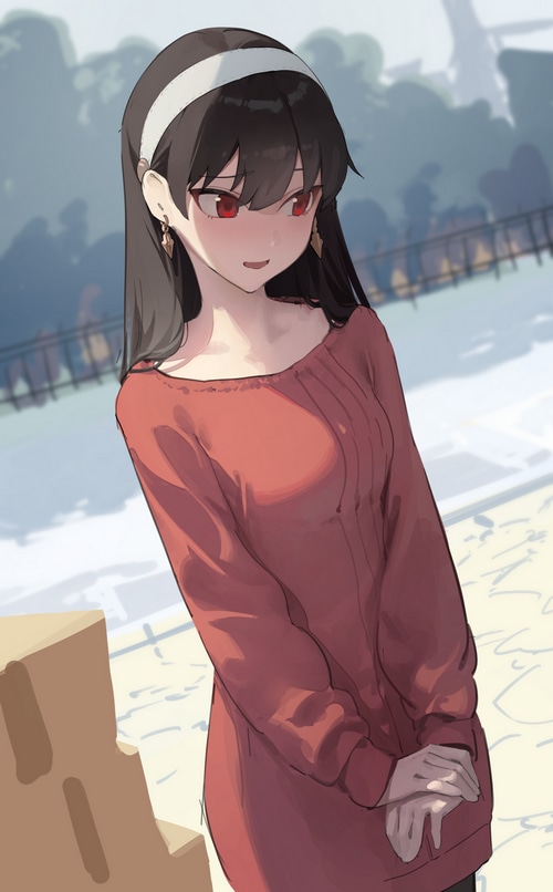 Yor Forger from Spy x Family in a red sweatshirt