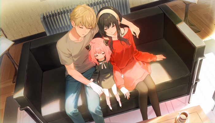 Spy x Family: Loid, Yor, and Anya sleeping on a couch