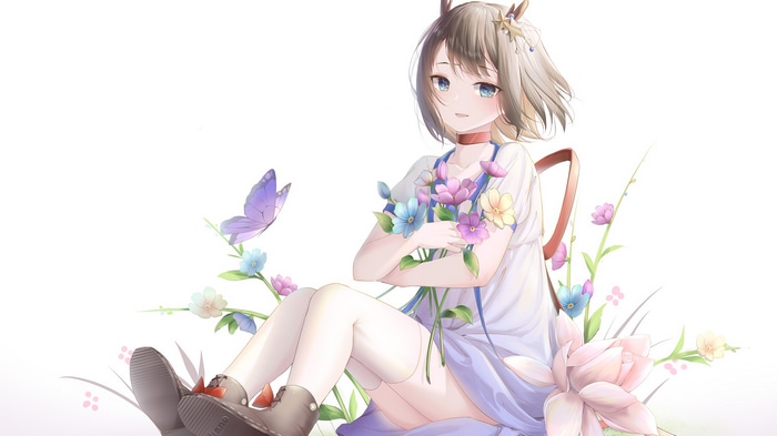 Girl with flowers and butterfly on white background