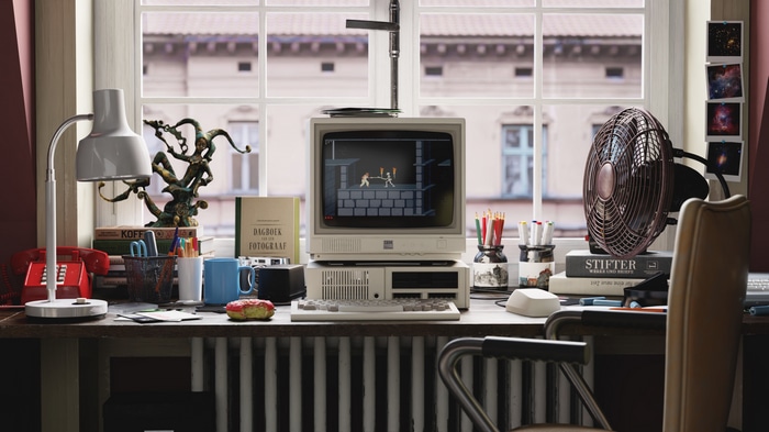Retro IBM computer setup with Prince of Persia game