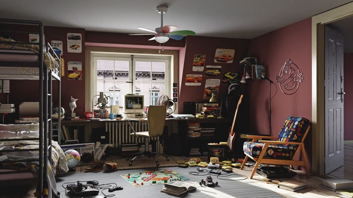 Retro gaming room with bunk bed and electric guitar