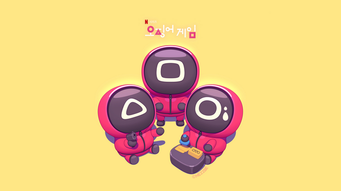Squid Game characters with shapes on masks and Netflix logo
