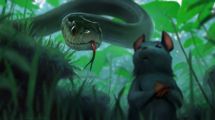 A snake hunts a mouse in a green forest