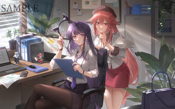 Raiden Shogun and Yae Miko in an office