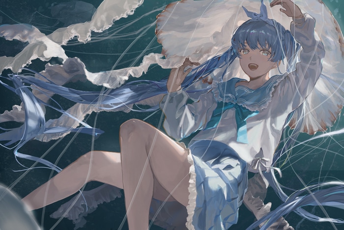4K anime girl with blue hair and school uniform